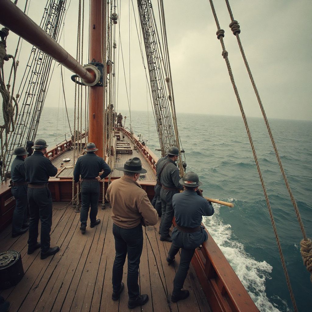 Crew working on ship rigging